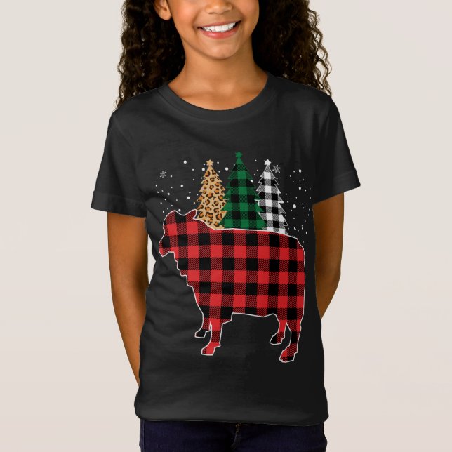 T-Shirt Buffalo Plaid Sheep Tree Empreinte de léopard Noël (Devant)