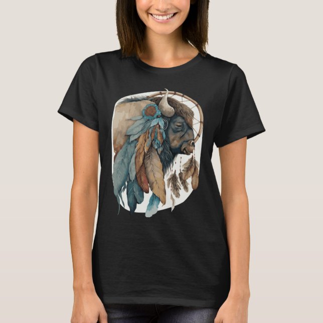 T-shirt Buffalo Tribal Watercolor Buffalo Dream Catcher (Devant)