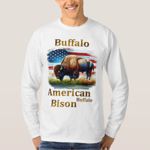 T-shirt Buffle debout dans le champ d'herbe avec drapeau a