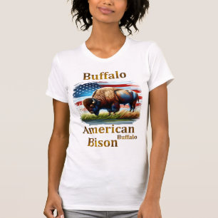 T-shirt Buffle debout dans le champ d'herbe avec drapeau a