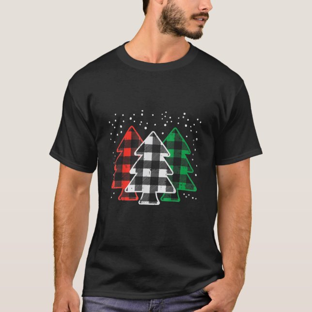 T-shirt Buffle rouge vert blanc Plaid Noël Arbres mignons (Devant)
