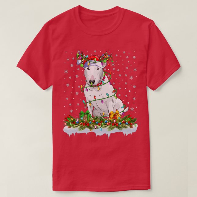 T-shirt Bull Terrier Chien Santa Hat Reindee Ligh de Noël (Design devant)