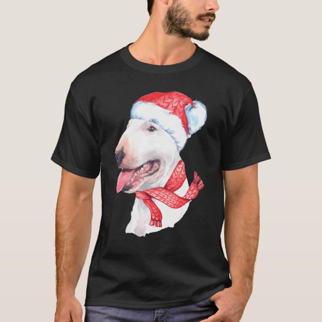 T-shirt Bull Terrier Santa Hat Red Scarf mignon Chien Chri (Devant)