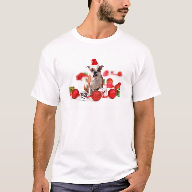 T-shirt Bulldog boîte cadeau de Noël Ornements Red Santa C (Devant)