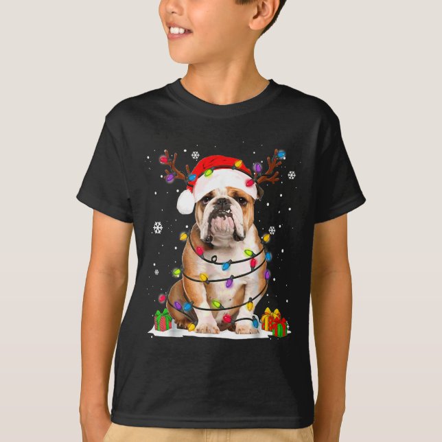 T-shirt Bulldog Dog Tree Christmas Lights Xmas Pajama  (Devant)