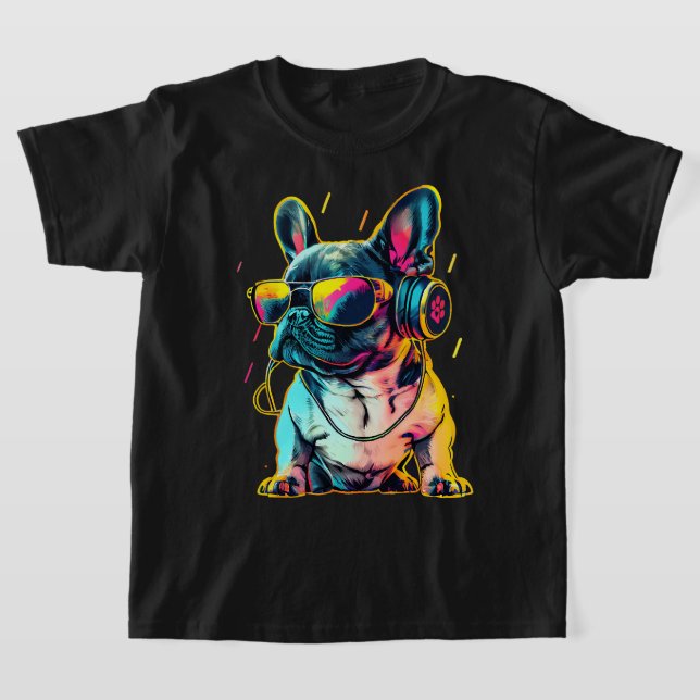 T-shirt Bulldog français Rétrowave avec casque et Sungl (Poser)