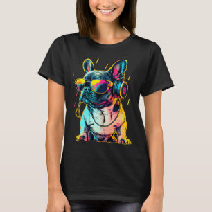 T-shirt Bulldog français Rétrowave avec casque et Sungl