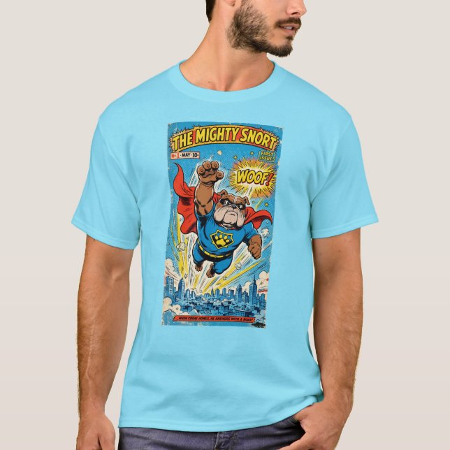 T-shirt Bulldog Superhero Flying with Cape (Devant)