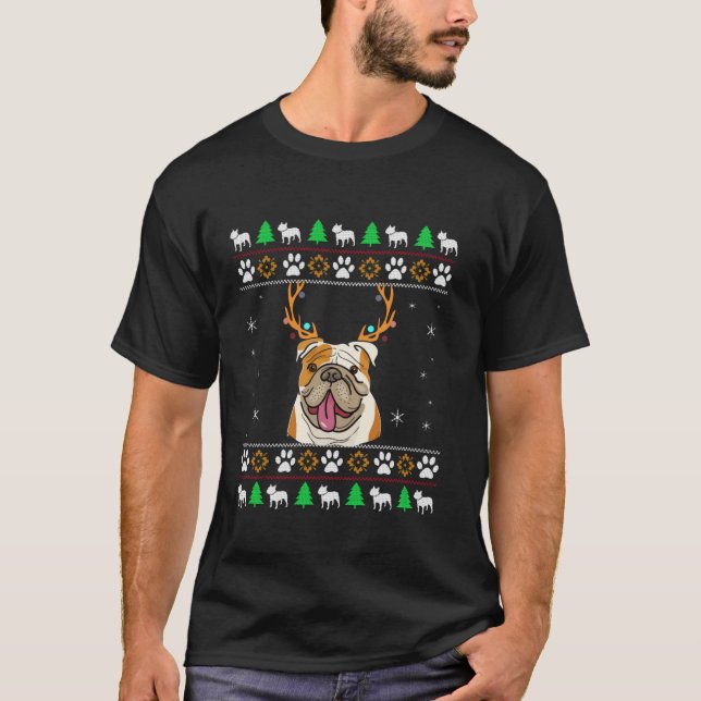 T-shirt Bulldog With Antlers in an UGLY Christmas  (Devant)
