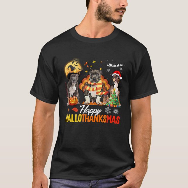 T-shirt Bully Dog Happy Hallothanksmas Halloween Thanksgiv (Devant)