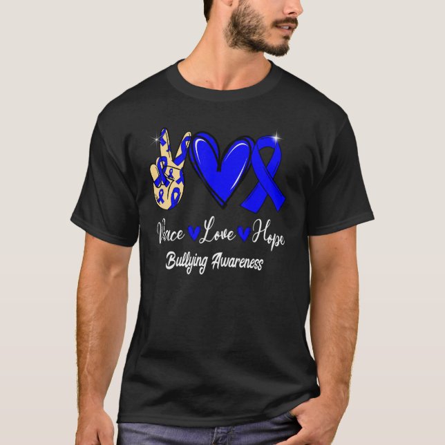 T-shirt Bullying Awareness Peace Love Hope Blue Ribbon (Devant)