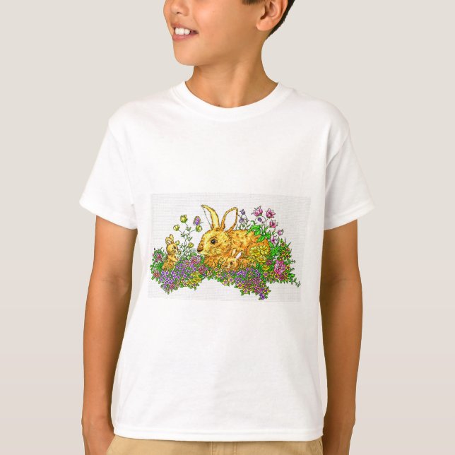 T-shirt Bunnies Springtime dans un champ de fleurs (Devant)