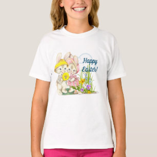 T-shirt Bunnies vintages et fleurs Joyeux Pâques