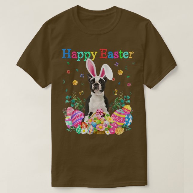 T-shirt Bunny Boston Terrier Chien Joyeux oeufs de Pâques  (Design devant)