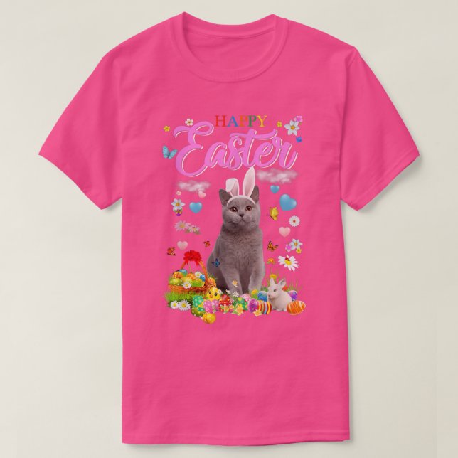 T-shirt Bunny British Shorthair Cat Happy Easter Eggs  (Design devant)