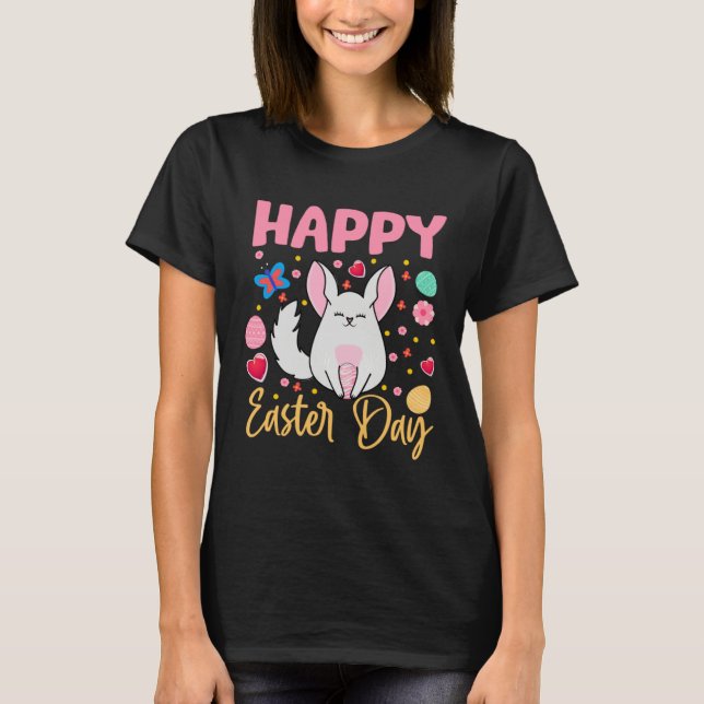 T-shirt Bunny Chinchilla Colorful Eggs Hunting Happy Easte (Devant)