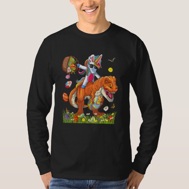 T-shirt Bunny équitation Dinosaure tenant Panier Oeufs Pâq (Devant)