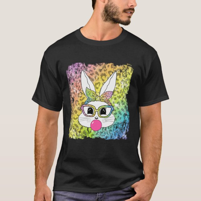 T-shirt Bunny Face Leopard Glasses Bubble Gum Easter Day G (Devant)