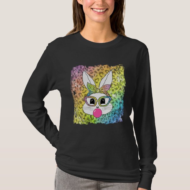 T-shirt Bunny Face Leopard Glasses Bubble Gum Easter Day G (Devant)