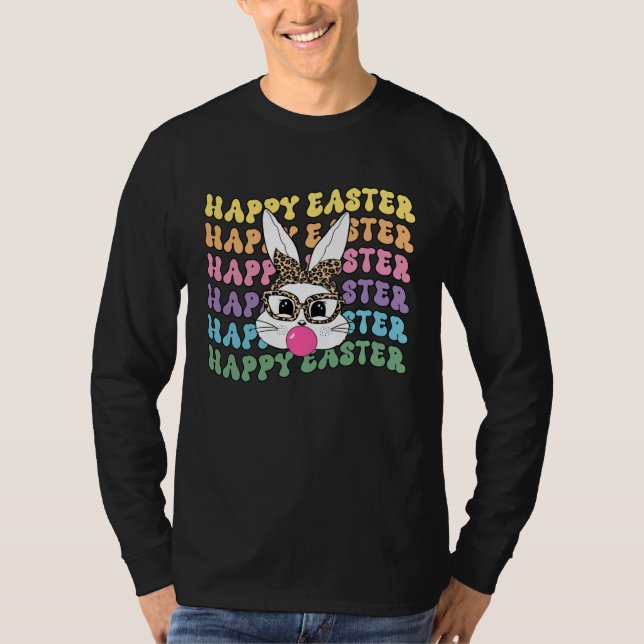 T-shirt Bunny Face Leopard Glasses Bubble Gum Happy Easter (Devant)