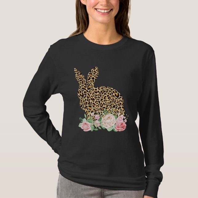 T-shirt Bunny Flowers Leopard Print Girls Women Happy East (Devant)