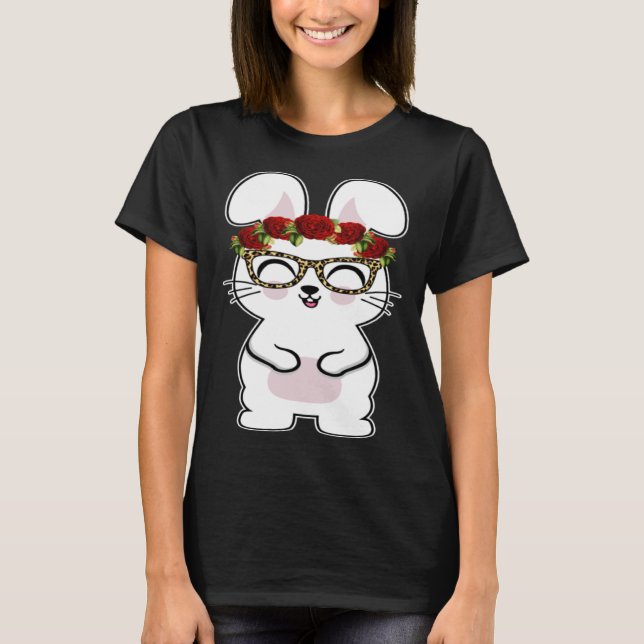T-shirt Bunny Flowers Leopard Print Glasses Happy Easter W (Devant)