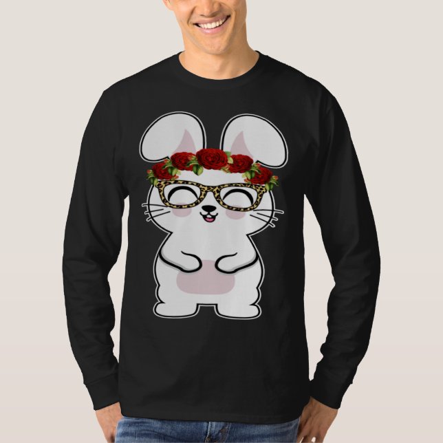 T-shirt Bunny Flowers Leopard Print Glasses Happy Easter W (Devant)