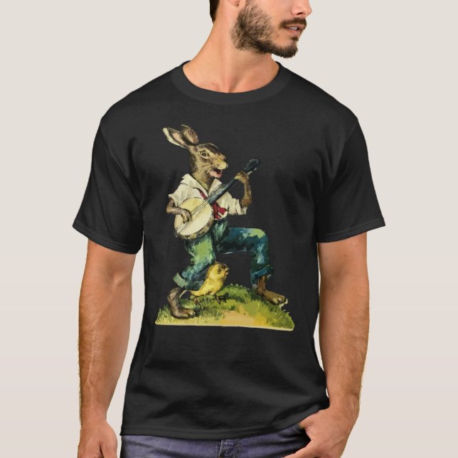 T-shirt Bunny Playing Banjo Guitar Music Rabbit Happy East (Devant)
