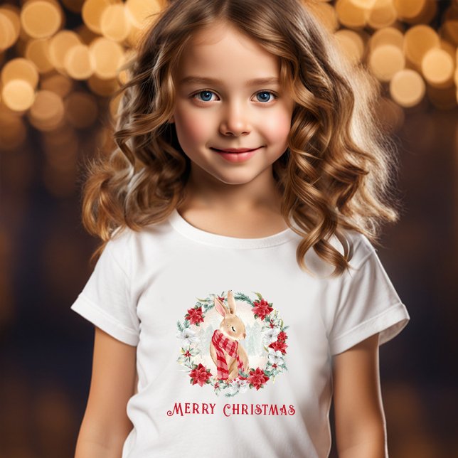 T-Shirt Bunny Poinsettia Aquarelle fille Noël (Bunny Poinsettia Watercolor Girl Christmas T-Shirt)