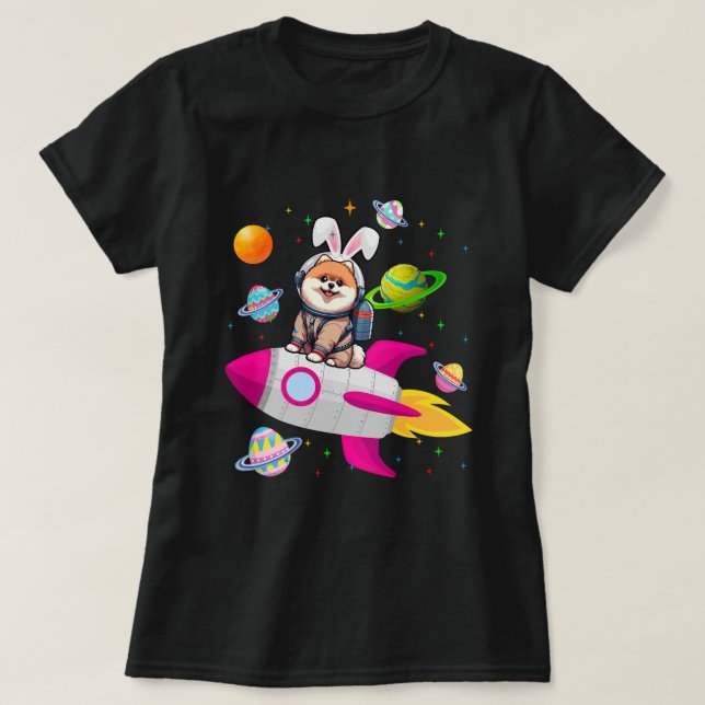 T-shirt Bunny Pomeranian dans les planètes spatiales Propr (Design devant)