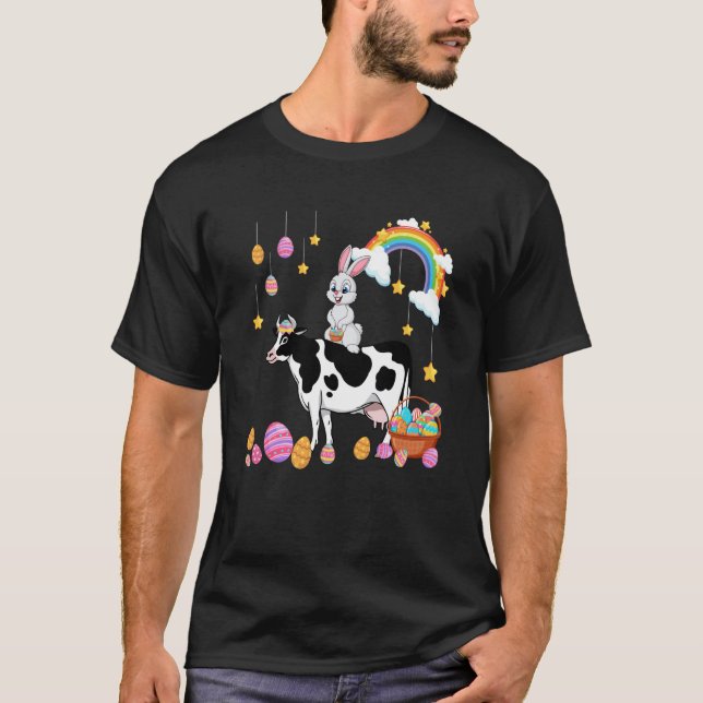 T-shirt Bunny Riding Cow Easter Day Costume Farmer Hunting (Devant)