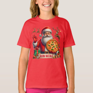 T-shirt Buon Natale Italian Santa with Pizza & Reindeer