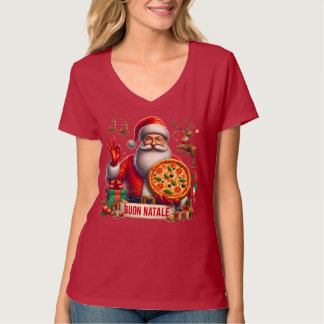 T-shirt Buon Natale Italian Santa with Pizza & Reindeer