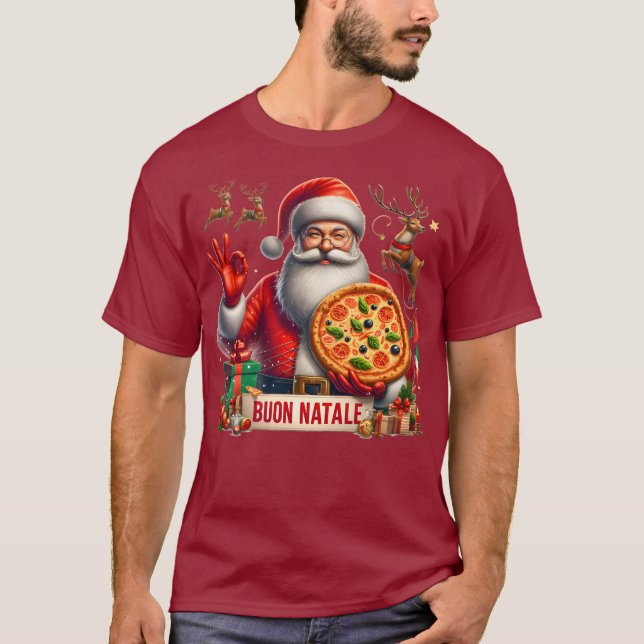 T-shirt Buon Natale Père Noël italienne avec pizza et renn (Devant)