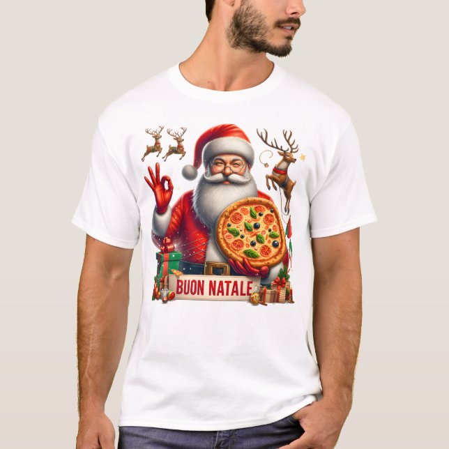T-shirt Buon Natale Père Noël italienne avec pizza et renn (Devant)