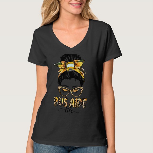 T-shirt Bus Aide Life Messy Bun Sunflower Leopard Bus Aide (Devant)