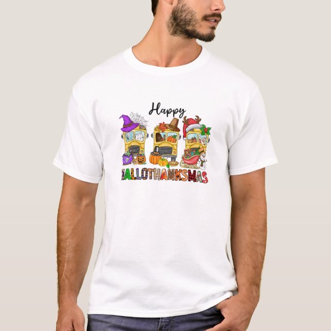 T-shirt Bus scolaire Hallothanksmas Halloween Thanksgiving (Devant)