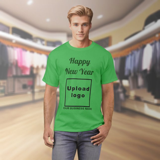 T-shirt Business Nouvel An Salutation sur Shamrock vert (Business name and logo with New Year greeting on shamrock green t-shirt)