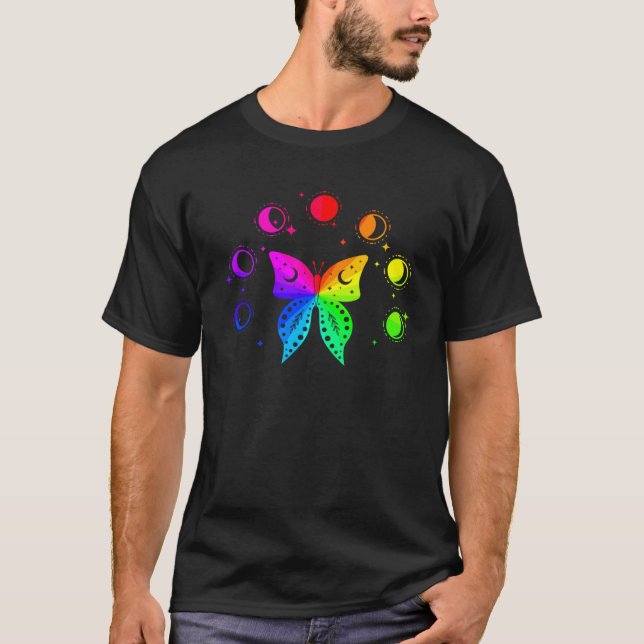 T-shirt Butterfly Moon Phases Rainbow Meditation Peace Lov (Devant)