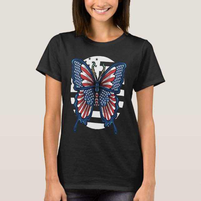 T-shirt Butterfly USA Flag Cute Fourth Of July Funny Ameri (Devant)