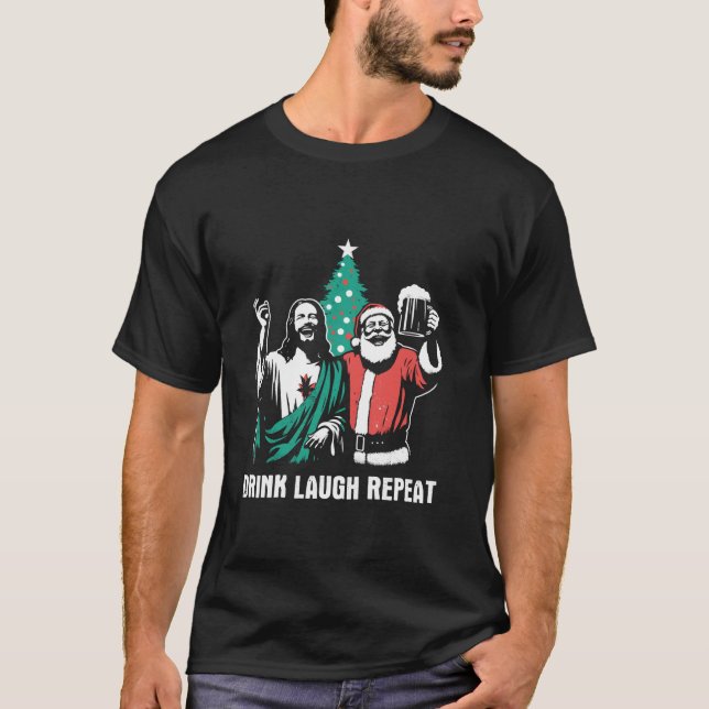 T-shirt Buvez Rire Répéter Funny Jesus Père Noël Bière Boi (Devant)