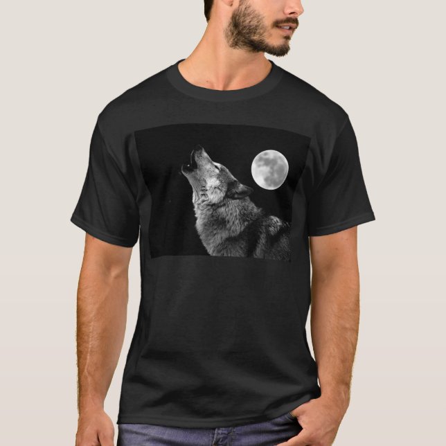 T-shirt BW Wolf Howling at Moon (Devant)