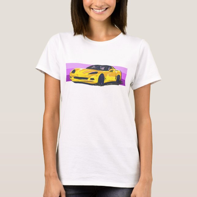T-shirt C6 Corvette jaune Sportscar avec bande rose (Devant)
