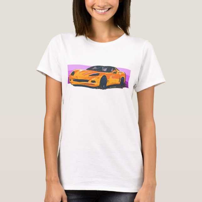 T-shirt C6 Orange Corvette Sportscar avec bande rose (Devant)