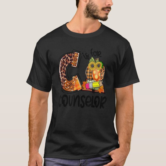 T-shirt C Is For Counselor Leopard Pumpkin Fall Thanksgivi (Devant)