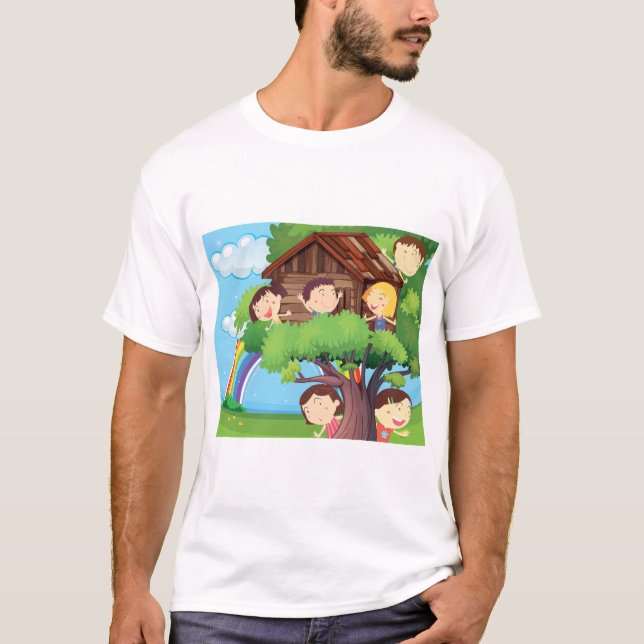 T-shirt Cabane d'enfants avec arc-en-ciel et enfants heure (Devant)