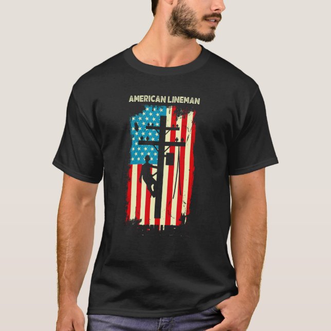 T-shirt Câble électrique Drapeau américain Lineman cadeau  (Devant)