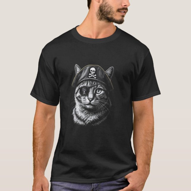T-shirt Cache-œil de pirate pour chat pour Halloween, Chat (Devant)
