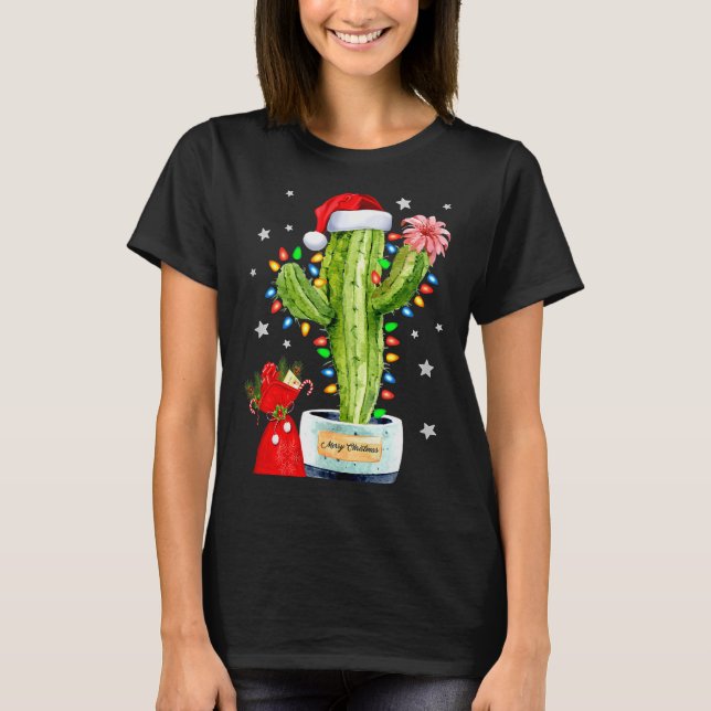 T-shirt Cactus Christmas Sweater Lights Santa Xmas Plant L (Devant)