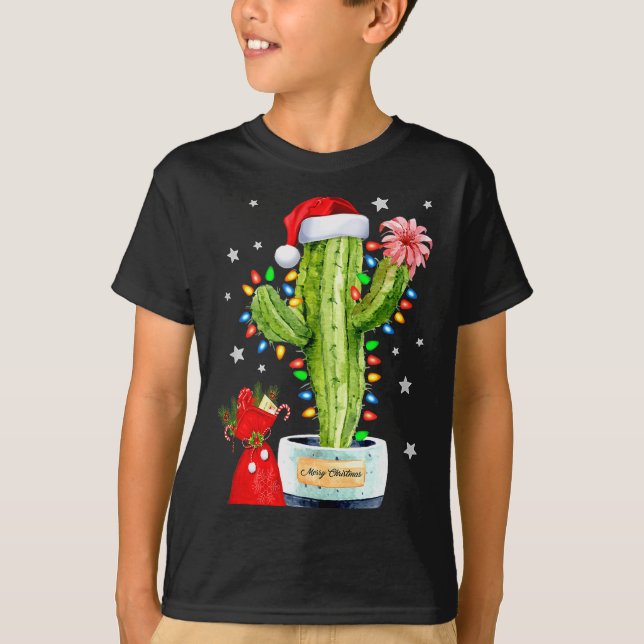 T-shirt Cactus Christmas Sweater Lights Santa Xmas Plant L (Devant)